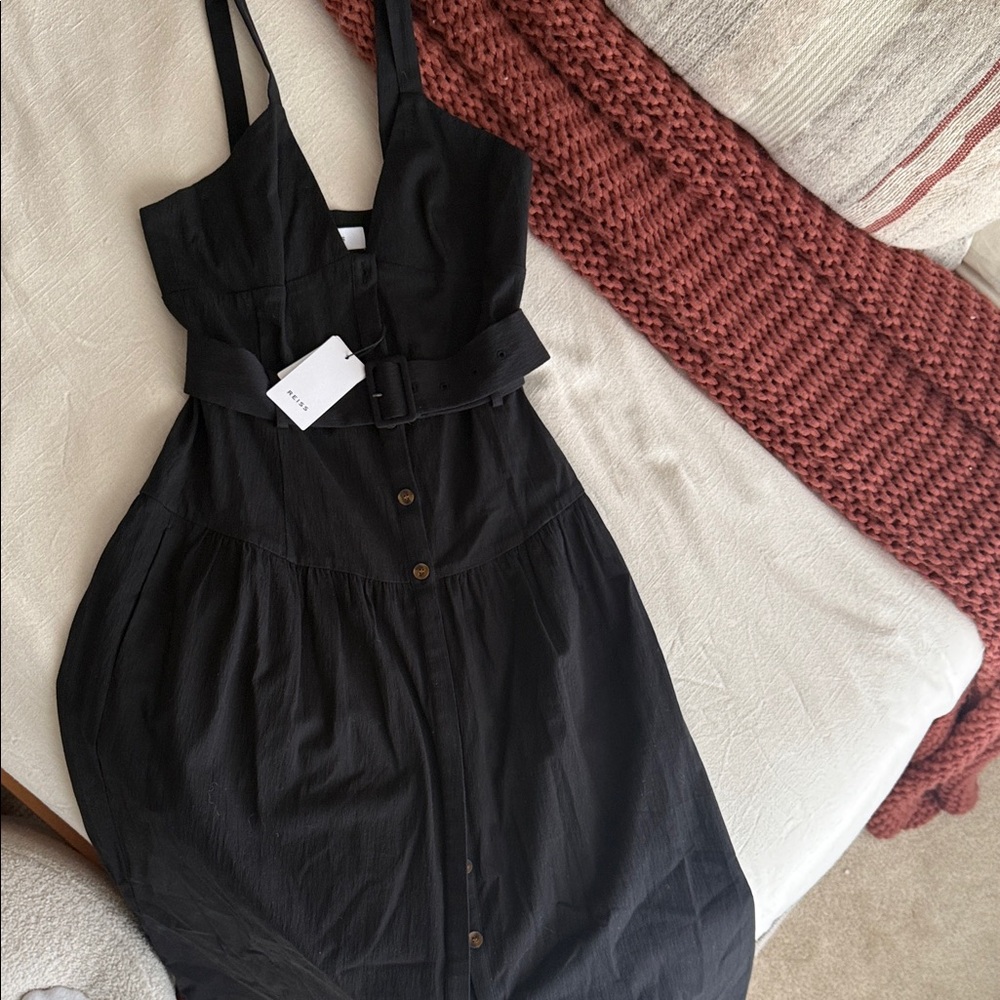 Reiss Black Buttoned drop waist midi dress